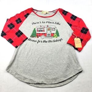 NWT Magical Season plaid RV  tree baseball tee Christmas shirt